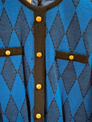 Blue & black patterned vintage sweater dress with belt, gold buttons