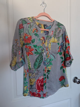 Modern* dark blue vertical lines on white with yellow sunflowers, red roses, blue flowers, button up blouse with silver buttons and half length button tab sleeves