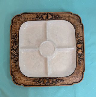 Ceramic faux wood grain divided tray with fruit motifs. Treasure Craft 1956