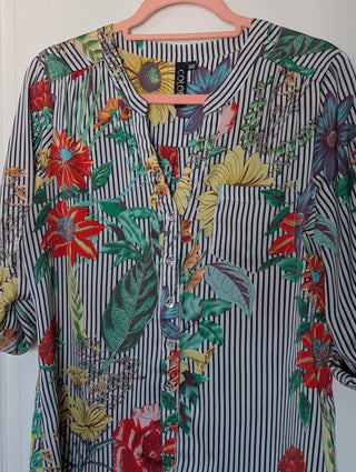 Modern* dark blue vertical lines on white with yellow sunflowers, red roses, blue flowers, button up blouse with silver buttons and half length button tab sleeves