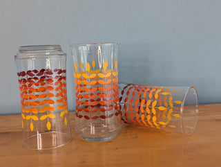 Set of 3, red-orange gradient floral wheat, tumblers
