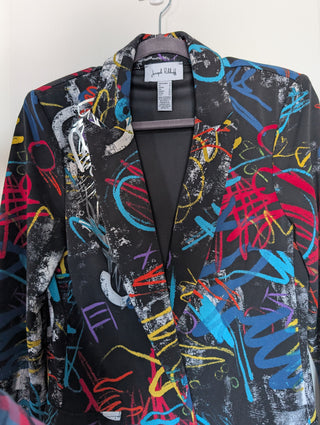 Modern * Black blazer with multi colored and metallic graffiti drawings on black