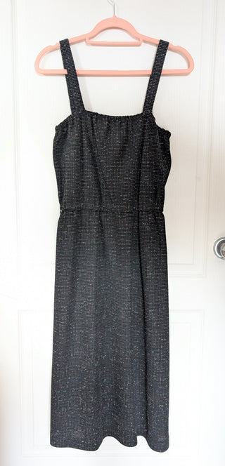 Dress - apron style - woven textured black fabric with silver thread accents, elastic waist