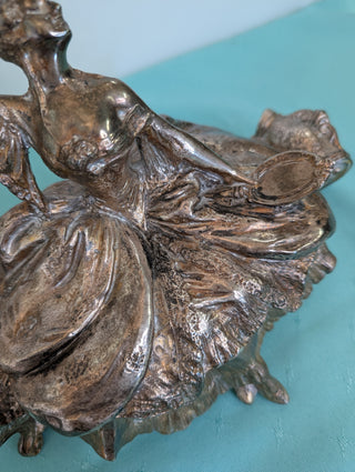 Weidlich Brothers silver casket jewelry box with a woman in a dress holding a hand mirror