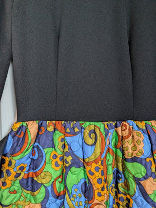 Jane - hostess dress - beautiful black high collared, zip up dress with fall colours quilted floral skirt