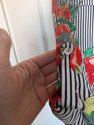 Modern* dark blue vertical lines on white with yellow sunflowers, red roses, blue flowers, button up blouse with silver buttons and half length button tab sleeves