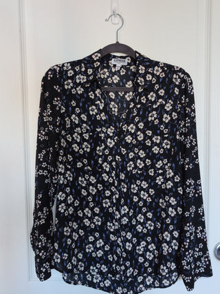 Portofino Shirt polyester button up blouse with creamy white flowers and blue leaves