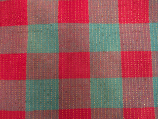 Holly - rectangular Christmas tablecloth - red, red-green, and green squares with gold thread stitching