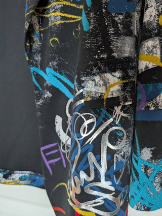 Modern * Black blazer with multi colored and metallic graffiti drawings on black