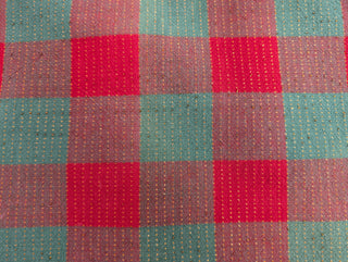 Holly - rectangular Christmas tablecloth - red, red-green, and green squares with gold thread stitching