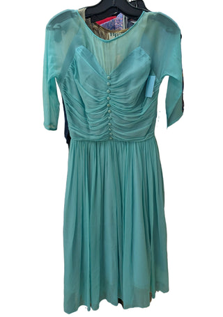 Very old aqua blue green vintage dress with sheer sleeves