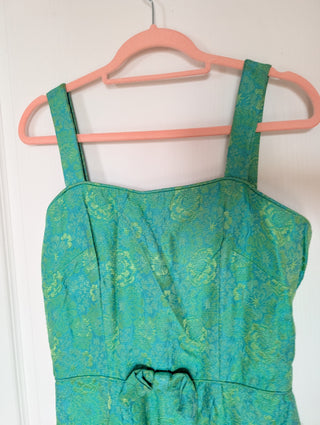 Dress - apron style wiggle - textured green and blue fabric with stitched embroidery, bow at waist, lined