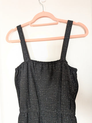 Dress - apron style - woven textured black fabric with silver thread accents, elastic waist
