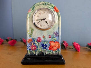 Ceramic Clock, Arch shaped, floral imagery with subtle 3d effect