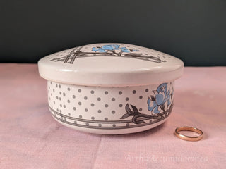 round white lidded tinket box candy dish with gray dots and blue flowers -  - #tag1# - #tag2# - #tag3# - #tag4# - the Artful Accumulator's Vintage Boutique