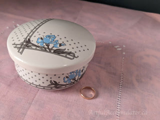 round white lidded tinket box candy dish with gray dots and blue flowers -  - #tag1# - #tag2# - #tag3# - #tag4# - the Artful Accumulator's Vintage Boutique