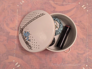 round white lidded tinket box candy dish with gray dots and blue flowers -  - #tag1# - #tag2# - #tag3# - #tag4# - the Artful Accumulator's Vintage Boutique