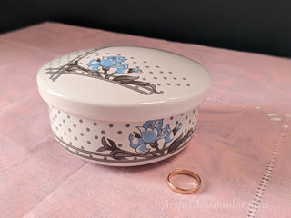 round white lidded tinket box candy dish with gray dots and blue flowers -  - #tag1# - #tag2# - #tag3# - #tag4# - the Artful Accumulator's Vintage Boutique