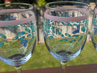 set of 3 wine glasses with pink lines and blue flowers with green leaves - Artful Accumulator Boutique Vintage