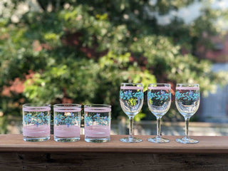 set of 3 wine glasses with pink lines and blue flowers with green leaves - Artful Accumulator Boutique Vintage