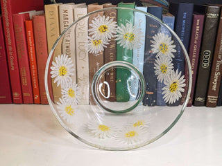 "white daisy with yellow stamens" 70's Anchor Hocking footed bowl with on clear glass -  - #tag1# - #tag2# - #tag3# - #tag4# - the Artful Accumulator's Vintage Boutique