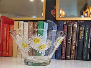"white daisy with yellow stamens" 70's Anchor Hocking footed bowl with on clear glass -  - #tag1# - #tag2# - #tag3# - #tag4# - the Artful Accumulator's Vintage Boutique