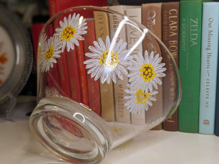 "white daisy with yellow stamens" 70's Anchor Hocking footed bowl with on clear glass -  - #tag1# - #tag2# - #tag3# - #tag4# - the Artful Accumulator's Vintage Boutique