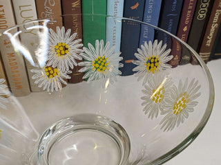 "white daisy with yellow stamens" 70's Anchor Hocking footed bowl with on clear glass -  - #tag1# - #tag2# - #tag3# - #tag4# - the Artful Accumulator's Vintage Boutique