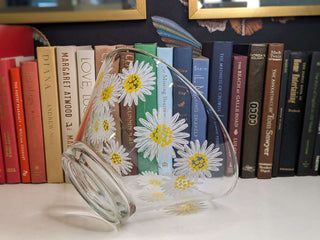 "white daisy with yellow stamens" 70's Anchor Hocking footed bowl with on clear glass -  - #tag1# - #tag2# - #tag3# - #tag4# - the Artful Accumulator's Vintage Boutique