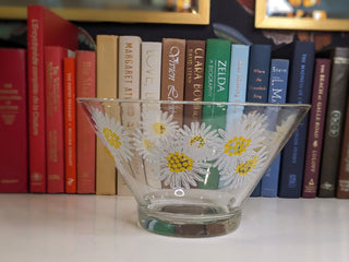 "white daisy with yellow stamens" 70's Anchor Hocking footed bowl with on clear glass -  - #tag1# - #tag2# - #tag3# - #tag4# - the Artful Accumulator's Vintage Boutique